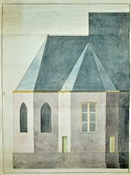 <p>Ontwerp van J. Bolten van het noordelijke gevelaanzicht van de kerk uit 1780. (Stads- en Streekarchief Naarden). </p>
